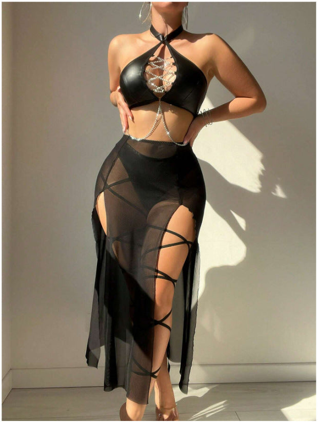 Cross-Tied Hollow-Out Lingerie Set with Faux Leather