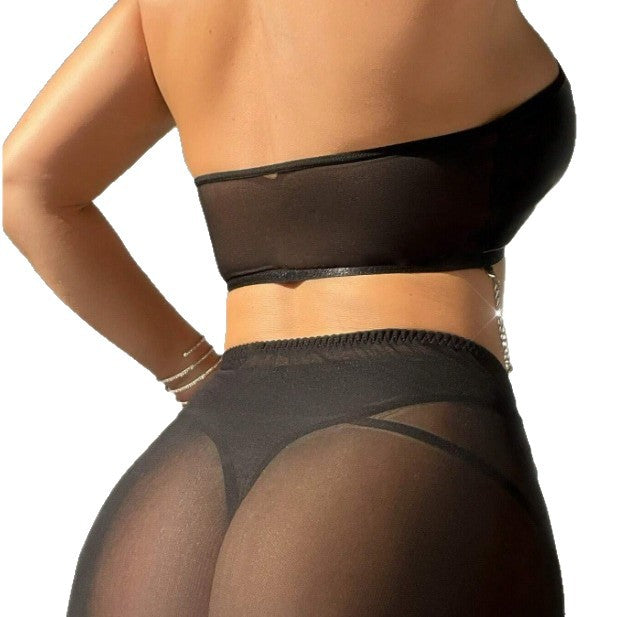 Cross-Tied Hollow-Out Lingerie Set with Faux Leather