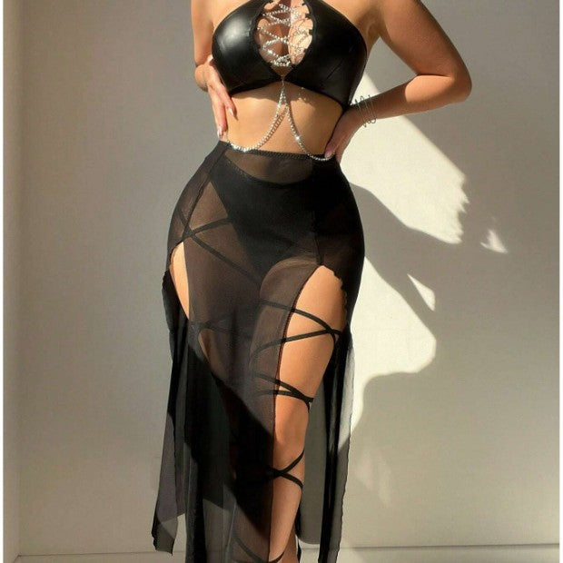 Cross-Tied Hollow-Out Lingerie Set with Faux Leather